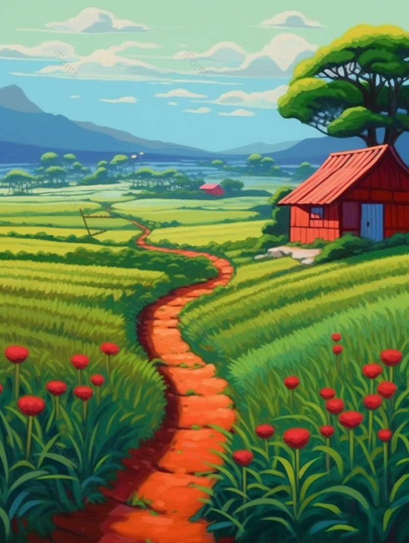 绿色小清新房屋稻田山川白云风景,插画/手绘图,插画/手绘图库,插画/手绘图下载,插画/手绘